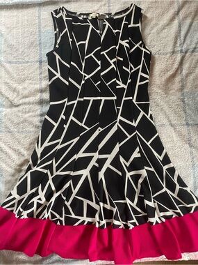Haani Black & White Geometric Midi Dress with Pink Ruffle Hem